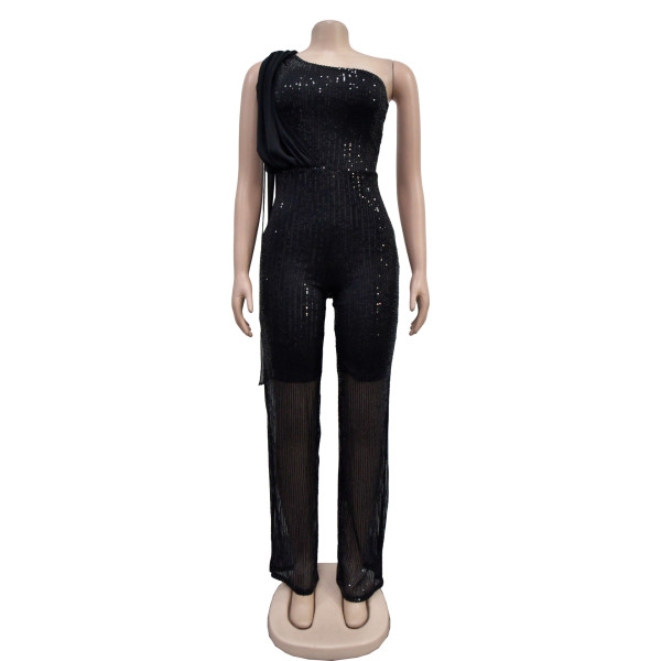 Women's solid color sleeveless single shoulder glitter jumpsuit