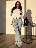 Elastic jeans with hollowed out detachable shorts