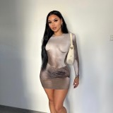 Round neck long sleeved printed slim fit wrap buttocks short high waisted dress