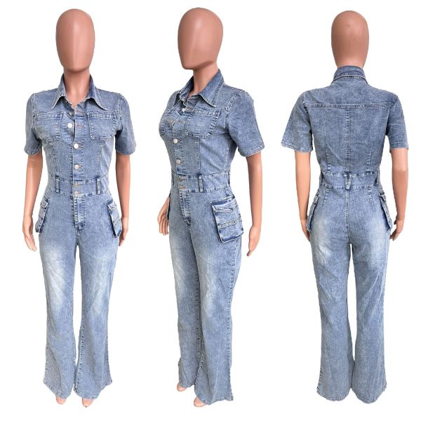 Tight waisted slim fit, elastic stir fried flower washed denim jumpsuit, bell bottomed pants