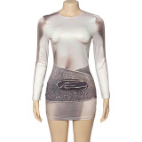 Round neck long sleeved printed slim fit wrap buttocks short high waisted dress