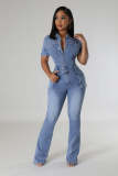 Tight waisted slim fit, elastic stir fried flower washed denim jumpsuit, bell bottomed pants