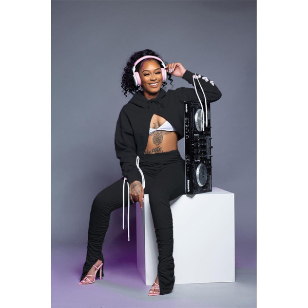 Split strap pleated pants hoodie two-piece pants set
