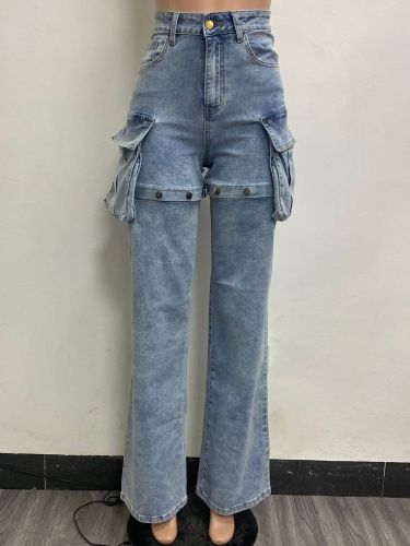 Elastic jeans with hollowed out detachable shorts