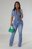 Tight waisted slim fit, elastic stir fried flower washed denim jumpsuit, bell bottomed pants