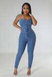 Tight, slim fit, backless bandage, corned denim jumpsuit