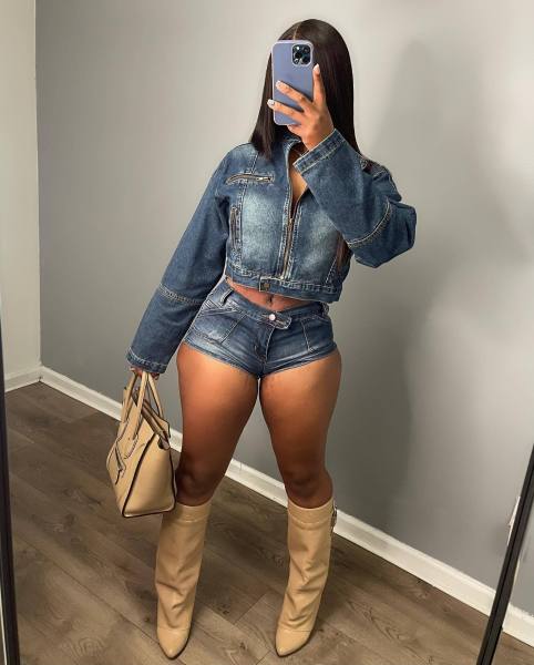Elastic denim two-piece set