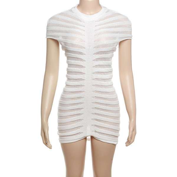 Sexy short sleeved knitted round neck high waisted slim fit short dress