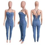Tight, slim fit, backless bandage, corned denim jumpsuit