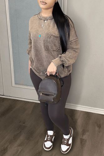 Solid color pocket pullover long sleeved round neck brown pants set