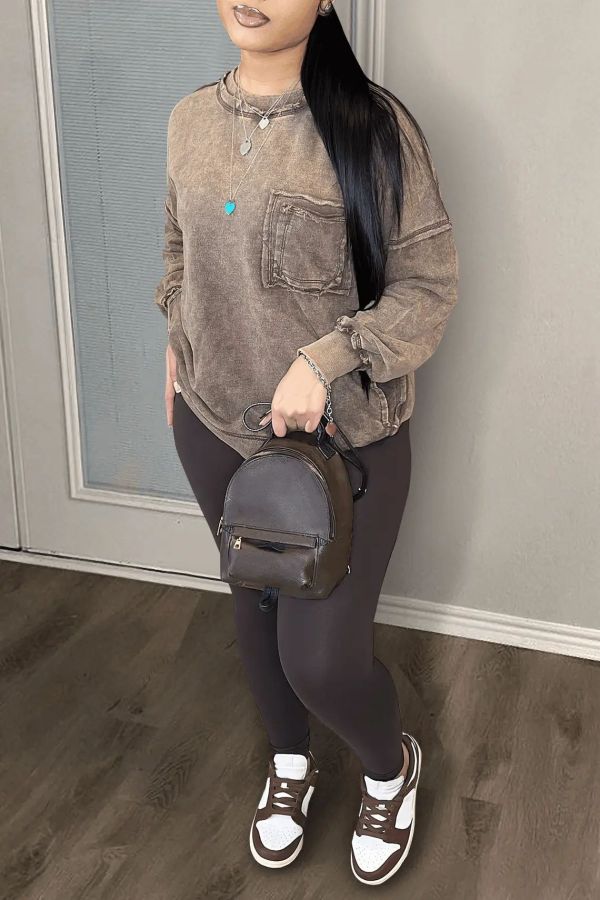 Solid color pocket pullover long sleeved round neck brown pants set