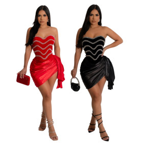 Irregular solid color hot diamond short dress with a strapless top