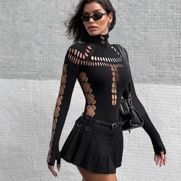 Girl Hollow Spider Web High Neck Slim Fit jumpsuit 4496A