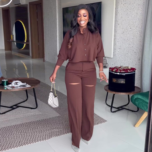 Lapel long sleeved shirt wide leg pants casual set