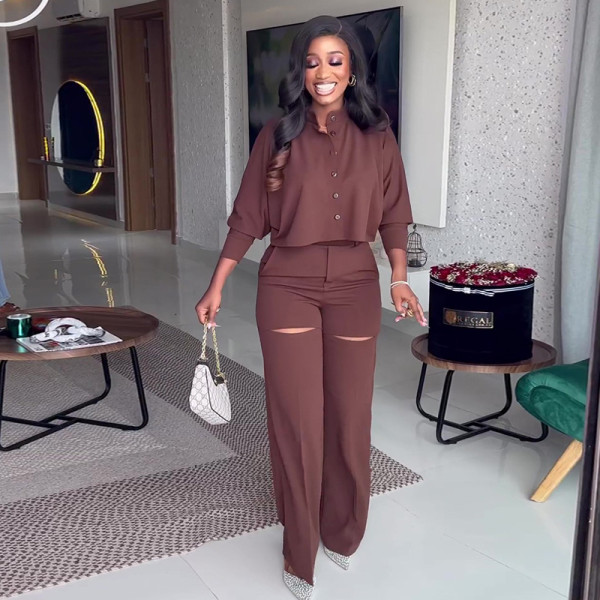 Lapel long sleeved shirt wide leg pants casual set