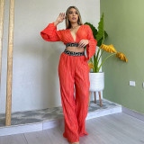 Pleated V-neck flared sleeve shirt wide leg pants casual set