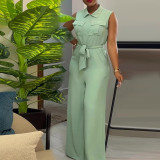 Lapel pocket with waistband and loose wide leg sleeveless jumpsuit