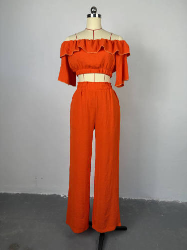 One shoulder lotus leaf edge short top wide leg long pants set