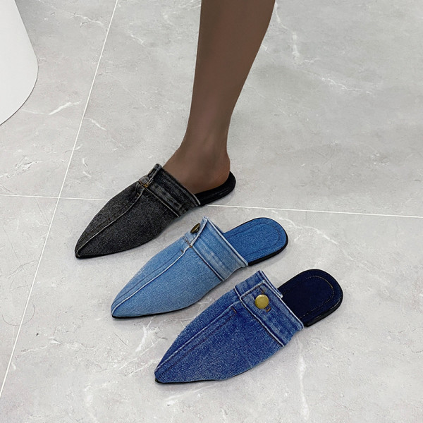 Women's shoe design with a sense of foreskin, niche denim fabric, low heeled slippers