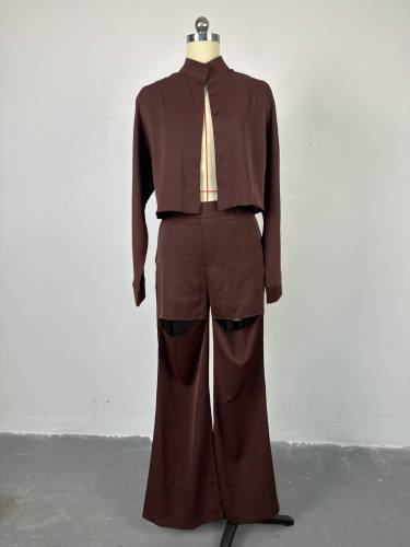 Lapel long sleeved shirt wide leg pants casual set