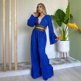 Pleated V-neck flared sleeve shirt wide leg pants casual set
