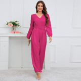 Solid V-neck, long sleeves, slim fit, straight leg pants, jumpsuit waist
