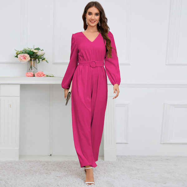 Solid V-neck, long sleeves, slim fit, straight leg pants, jumpsuit waist