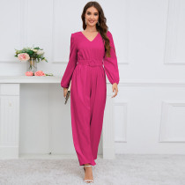 Solid V-neck, long sleeves, slim fit, straight leg pants, jumpsuit waist Solid V-neck, long sleeves, slim fit, straight leg pants, jumpsuit waist