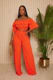 One shoulder lotus leaf edge short top wide leg long pants set