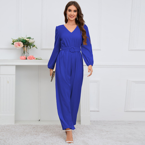 Solid V-neck, long sleeves, slim fit, straight leg pants, jumpsuit waist