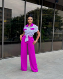 Lapel short sleeved shirt with tie up wide leg pants casual set