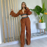 Pleated V-neck flared sleeve shirt wide leg pants casual set