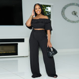 One shoulder lotus leaf edge short top wide leg long pants set