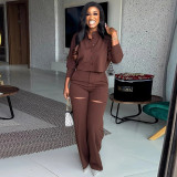 Lapel long sleeved shirt wide leg pants casual set
