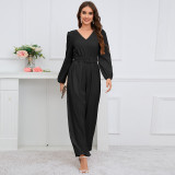 Solid V-neck, long sleeves, slim fit, straight leg pants, jumpsuit waist