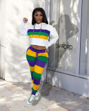 Casual sports striped positioning printed hooded two-piece set
