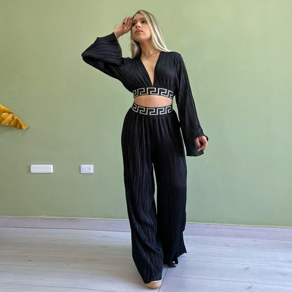 Pleated V-neck flared sleeve shirt wide leg pants casual set
