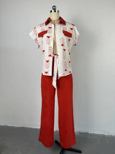 Lapel short sleeved shirt with tie up wide leg pants casual set