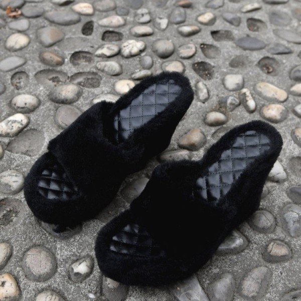 Leisure multi-color short plush fish mouth sloping heel raised fur slippers