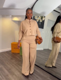 Lapel long sleeved shirt wide leg pants casual set