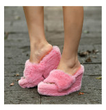 Leisure multi-color short plush fish mouth sloping heel raised fur slippers