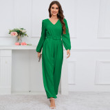 Solid V-neck, long sleeves, slim fit, straight leg pants, jumpsuit waist