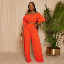 One shoulder lotus leaf edge short top wide leg long pants set