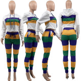 Casual sports striped positioning printed hooded two-piece set