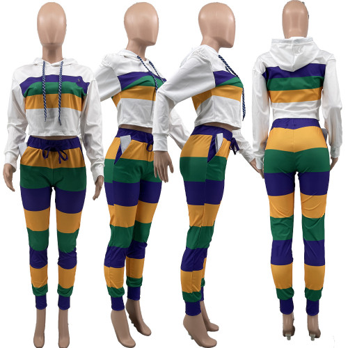 Casual sports striped positioning printed hooded two-piece set