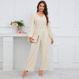 Solid V-neck, long sleeves, slim fit, straight leg pants, jumpsuit waist