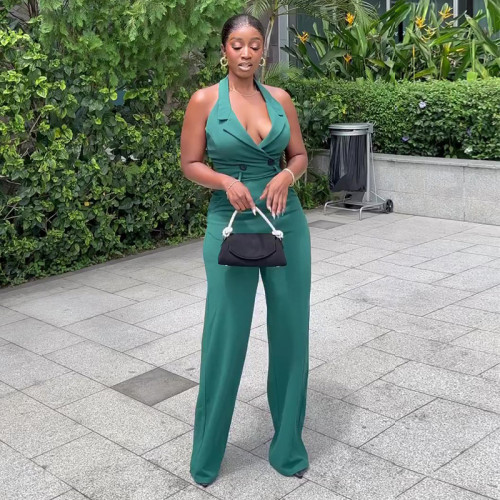 Hanging neck, backless, high waisted, pocket inserted casual jumpsuit, women's pants