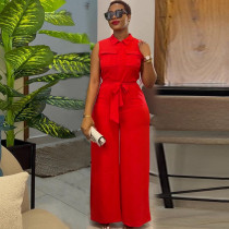 Lapel pocket with waistband and loose wide leg sleeveless jumpsuit Lapel pocket with waistband and loose wide leg sleeveless jumpsuit