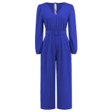 Solid V-neck, long sleeves, slim fit, straight leg pants, jumpsuit waist
