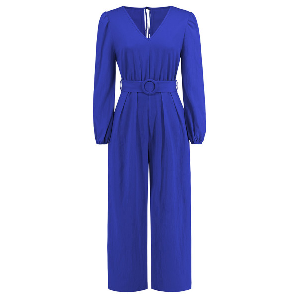 Solid V-neck, long sleeves, slim fit, straight leg pants, jumpsuit waist